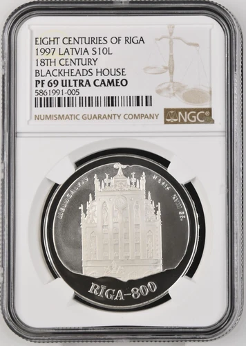 1997 LATVIA SILVER 10 LATU 18TH CENTURY BLACKHEADS HOUSE - NGC PF69 ULTRA CAMEO