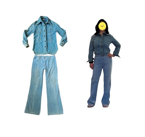 Conjunto de camisa vaquera y jeans campana cuello puntiagudo de mezclilla boho vintage años 70 para mujer M - Imagen 3 de 12