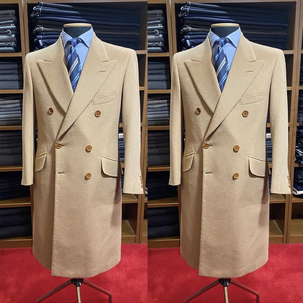 Khaki Cashmere Men Overcoat Double Breasted Peak Lapel Outdoor Warm Long Jackets
