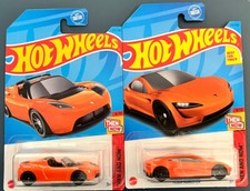 New 2023 Set 2 Hot Wheels Tesla Roadster Orange #249 + #217 -Then and Now Both