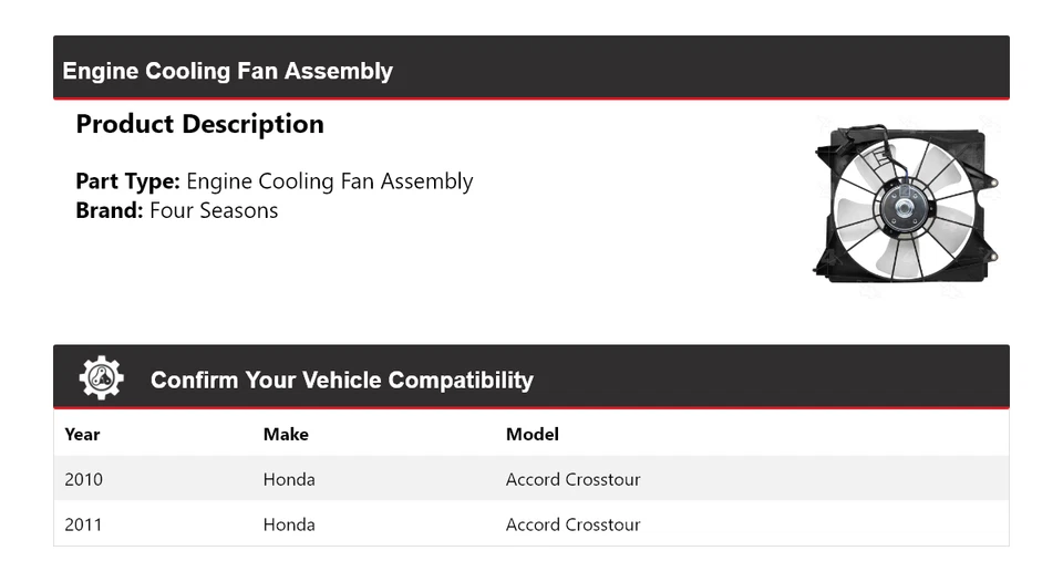 Conjunto de ventilador de refrigeración del motor Honda Accord Crosstour 2010-2011 4 estaciones Foto 2 de 4