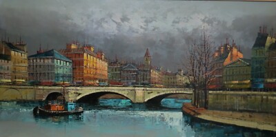 Mid Century Impressionist Parisian Cityscape Riverscape Oil