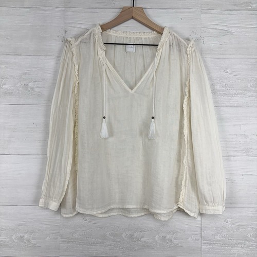 Sundays Summerton Peasant Top Blouse Size 10 Ivory Gauze Tassel V Neck Ruffle