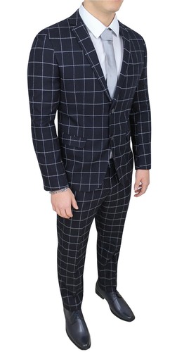 Abito completo uomo invernale blu scuro fantasia quadri vestito formale  elegante | eBay