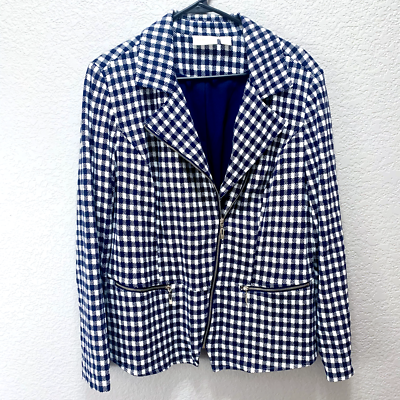 Chico's Blue White Check Asymmetric Zipper Moto Jacket Stretch