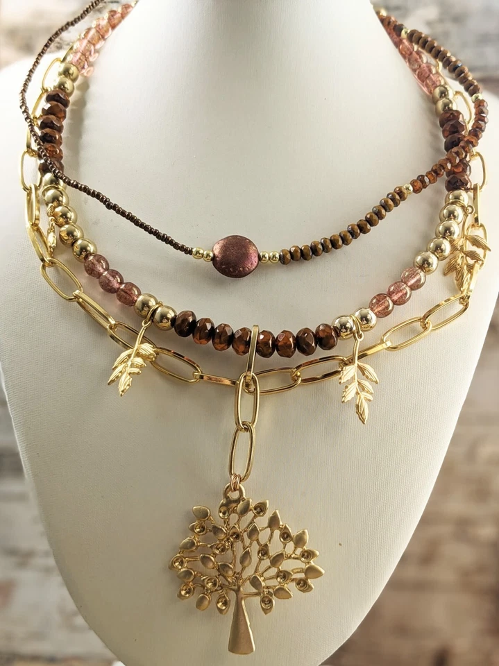 Colar clipe de papel folheado a ouro contas de vidro enferrujado marrom laranja em 3 fios 