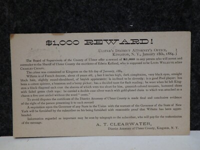 VINTAGE 1884 WANTED FOR MURDER $1,000 REWARD POSTCARD LOUIS WILLETTE