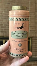 Vintage Tin 1924 Merck Zinc Stearate Toilet Powder "Sheds Water Like a Duck"