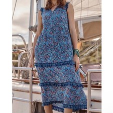 J. Jill Coastal Ruffled Tiered Midi Dress Royal Blue Cheerful Paisley Floral XL