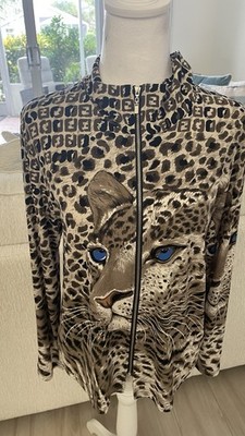 DAMEE, Inc Slinky Sapphire Leopard Studded Full Zip High Collar Jacket Top Sz. S