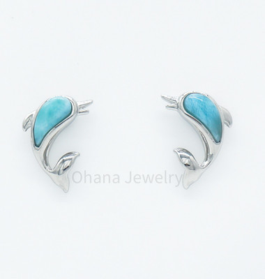 925 Sterling Silver Natural Larimar Post/Stud Earrings - Hawaiian Dolphin