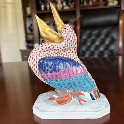 Amazing Herend Porcelain Large 8.75   Rust Fishnet Pelican #5073-24K Gold Beak.