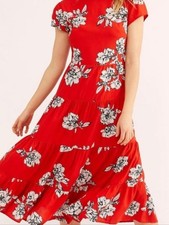 Free People Rita Floral Print Tiered Midi Dress Red Combo Size Small
