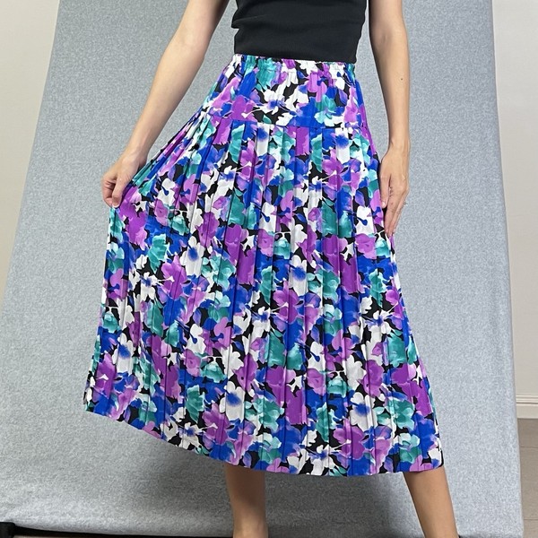 Vintage Floral Pleated Skirt Womens 18 Multicoloured Midi Feminine Retro VTG