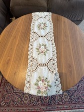 Vintage Crochet & Hand Embroidered Table Runner &ndash; Floral/Cottagecore  Linen