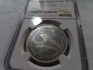 S50 Germany Weimar 1930 D Silver 5 Marks Rhineland Liberation NGC MS 65