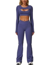 2 Piece Workout Sets for Women Seamless High Waist Flare Leggings Yoga Long S...