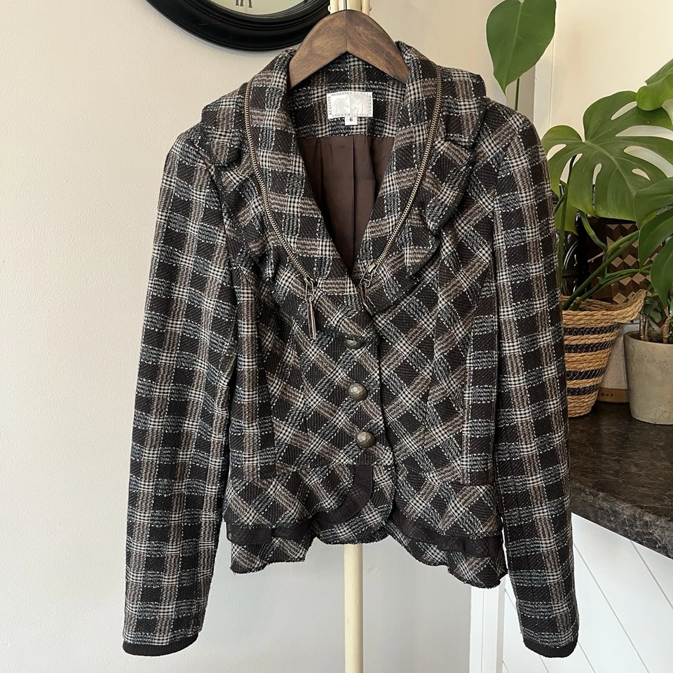 Vtg Alberto Makali Jacket Wmns 6 Brown Plaid Blazer Zipper Collar Ruffle Hem USA - Image 3 of 4