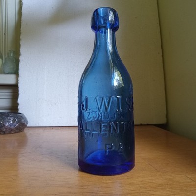 ALLENTOWN,PA J.WISE 1860s PRETTY BLUE SLOPE SHOULDER BLOB TOP SODA BOTTLE