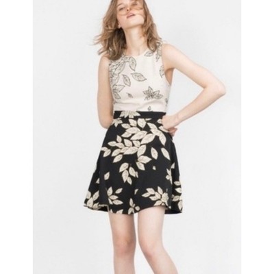 Zara Basic Women Cream Black Leaf Print Fit Flare Cutout Racerback Dress Small