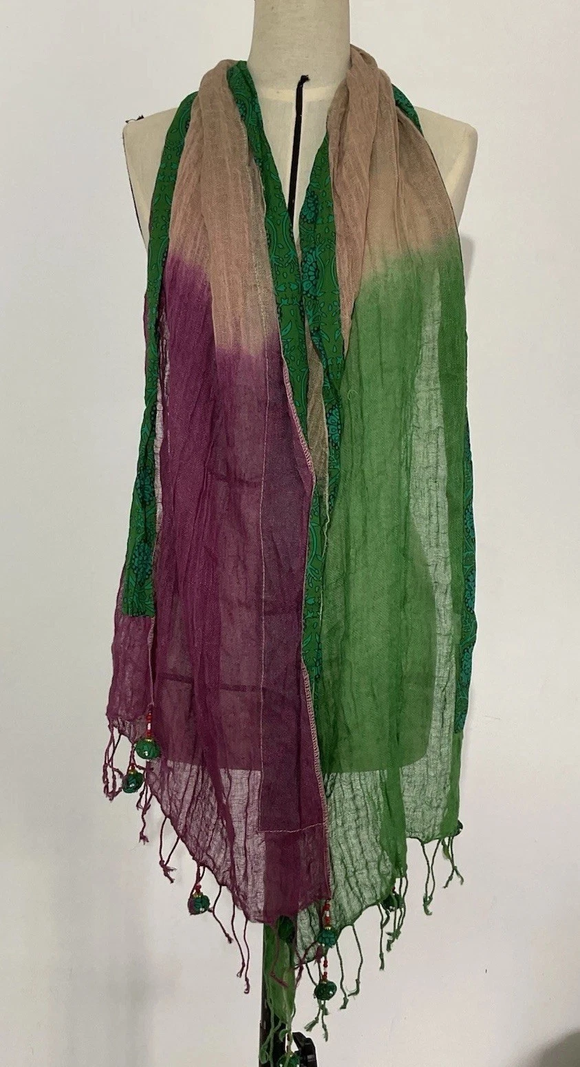 BOHEMIAN women’s Cotton Scarf In Purple&green And Decorative Tassels 81"/22"