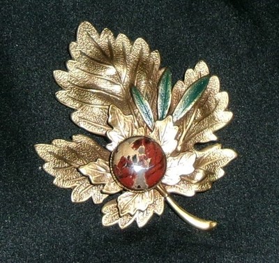 Vintage Silver Forest Fall Leaf Brooch Cab Stone Layered Metal-Made in Vermont
