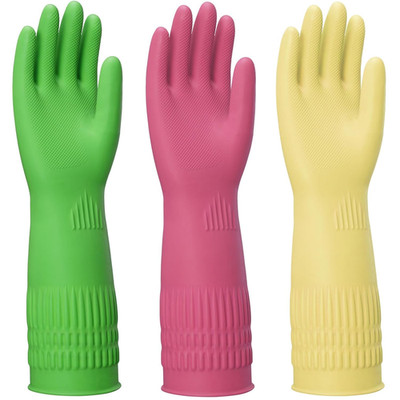 3x Reusable Rubber Gloves for Cleaning Dishwashing Size Medium Green Red Yellow