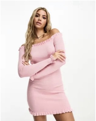 NWT Threadbare Brooke ribbed bardot fitted dress frilled edges candy Pink UK 8
