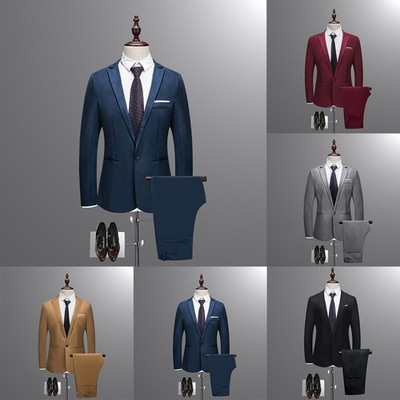 Herren Freizeit Slim Fit Anzug Set Zweiteiler Sakko mit Hose Einfarbig Design