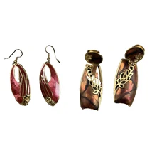 VTG Edgar Berebi Dangle Earrings Pierced gold pink & Clip brown gold Art Nouveau