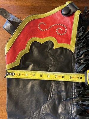 Chaps Western En Cuir Frangé Vintage - Rouge, Or, Noir - Taille Adulte - Neuf Avec étiquette