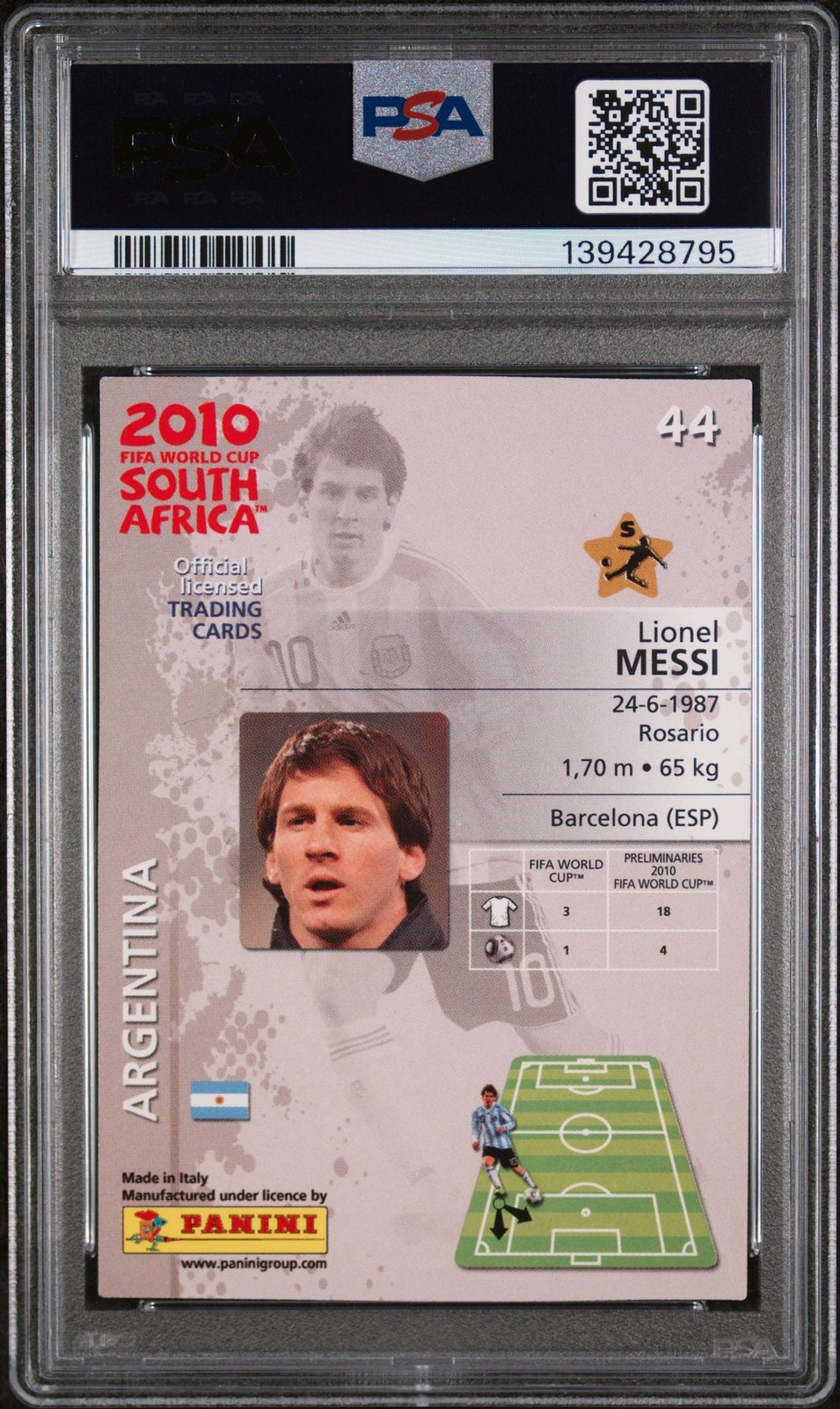 2010 Panini World Cup South Africa #44 Lionel Messi PSA 9 view 2