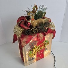 Vintage Christmas Lighted Glass Block Deer Holiday Decor Red Gold