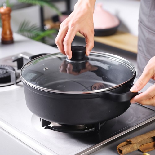 Frying Pan With Glass Lid Induction Compatible Non-Stick Interior Cast Iron Pot - Picture 12 of 40