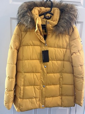 Tommy Hilfiger Women s Yellow Hooded Faux Fur Trim Puffer Jacket L TW9MP696