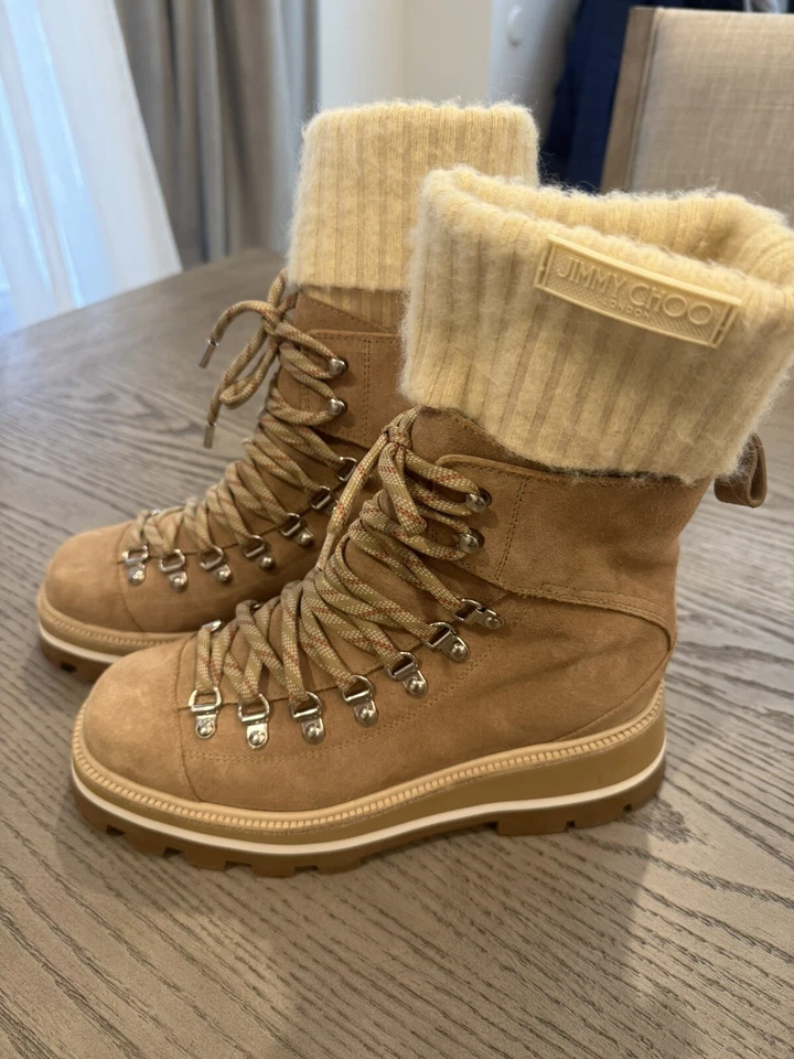 Jimmy choo women chike 38 1/5 knitted sock suede ankle boots stone tan 8.5. US - Image 2 of 4