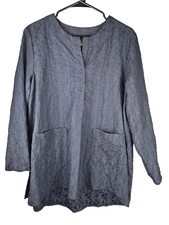 Niche Nigun Derman Textured Tunic Top M Blue Long Sleeve Lagenlook Art Pockets