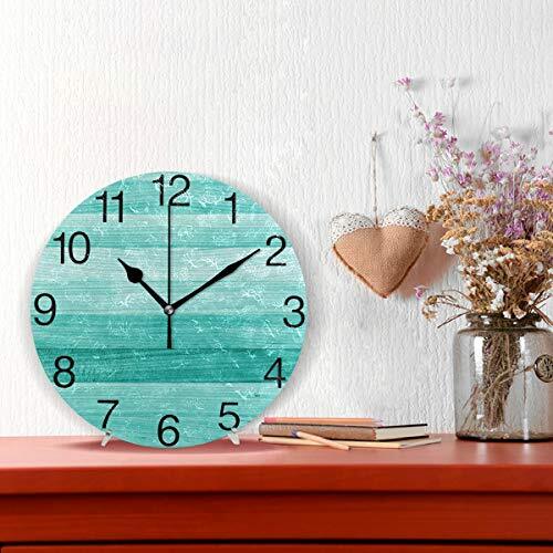 Teal Turquoise Green Wood Round Wall Clock, Silent Non Ticking Oil Painting - Picture 3 of 6