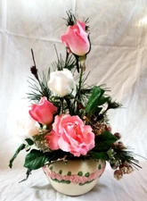 Floral Arrangement Porcelain Bowl FTD Desk Top Table Centerpiece Pink Roses