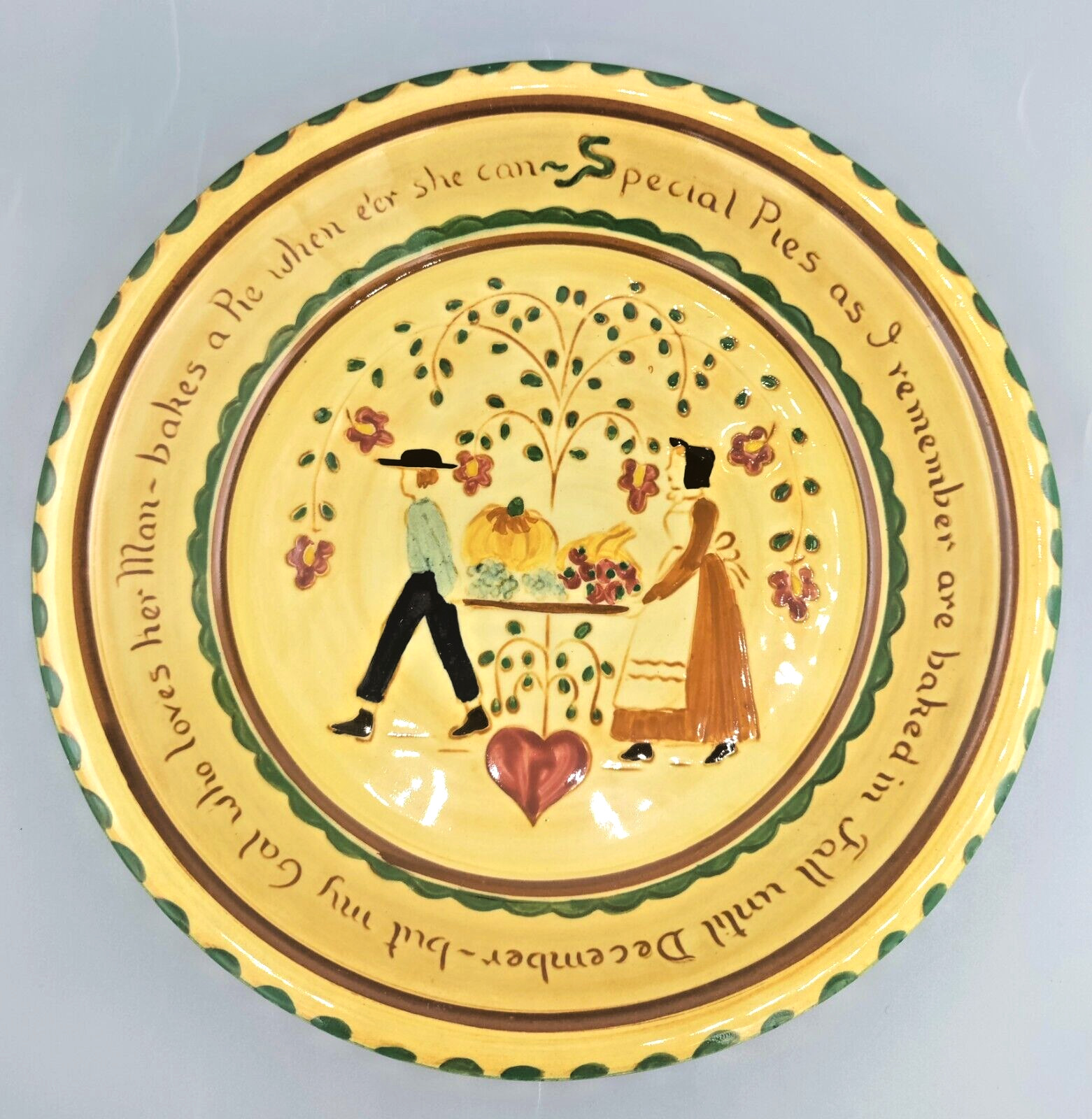 Folk Art Motto Ware Pie Plate Americana Pennsbury Pottery 9” 1043