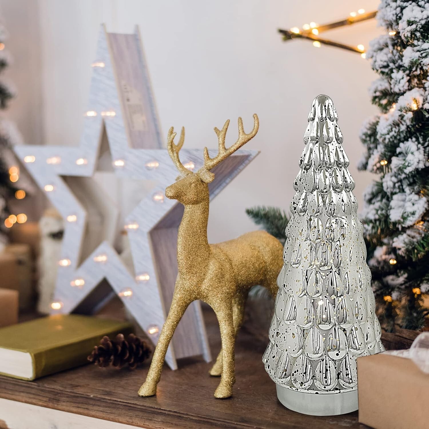 Silver Mercury Glass Christmas Tree Battery Operated Mini Xmas Tree