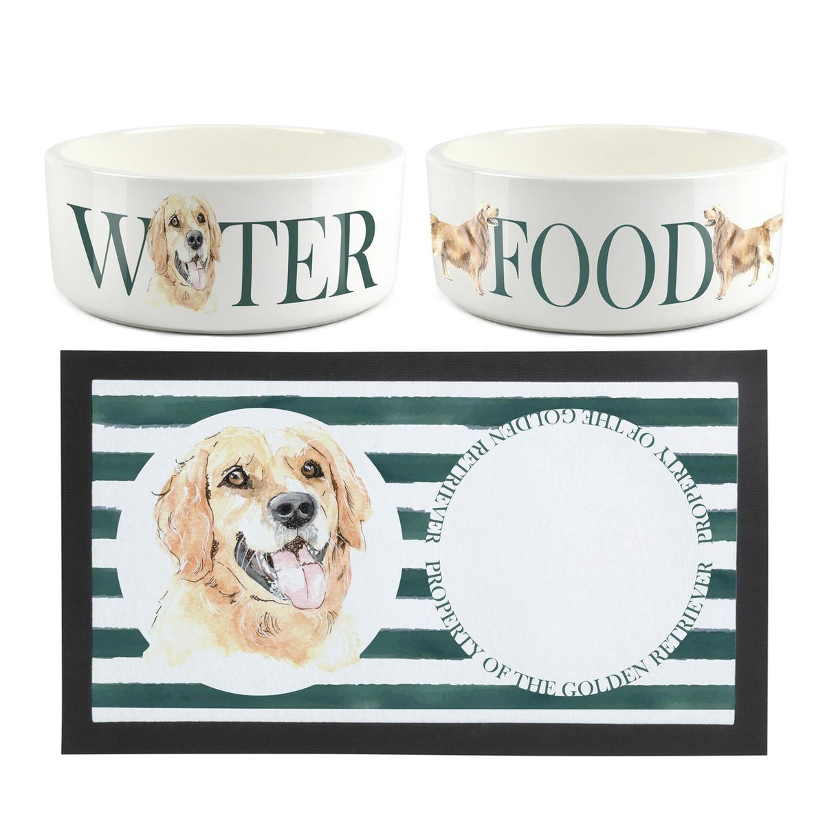 Golden Retriever Dog Bowls Mat Set Large White Ceramic Food