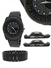 2 PC SET GLITZ BLING MASTER BRILLIANCE PAVE+BLACK ION CRYSTAL WATCH+BRACELET
