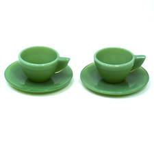 Vintage Akro Agate Child's Green Glass 2 Cup Saucer Sets Jadeite Green Slag