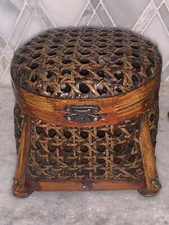 Classic Pair Woven Rattan Bamboo Basket Boxes Wicker  4.5”T 5” Diam Round