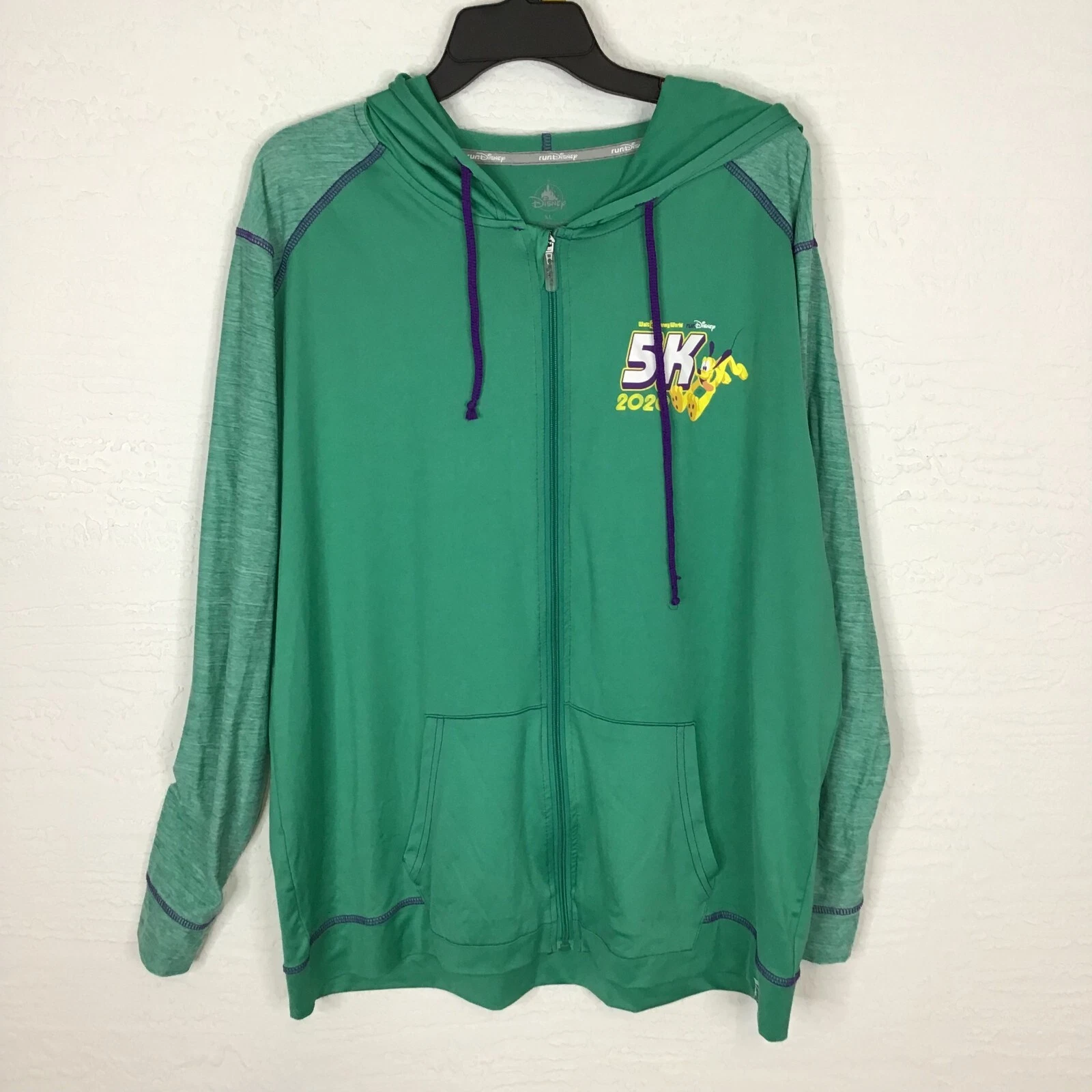Disney Jacket Men XL Green Hoodie Drawstring 5K Run Pocket Full Zip Lightweight