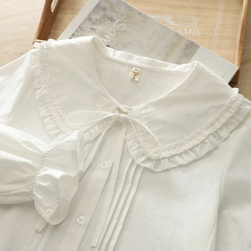 Linda Blusa Tostada Francesa Lolita 3 Capas Cuello Peter Pan Camisa Blanca Manga Larga - Imagen 5 de 12