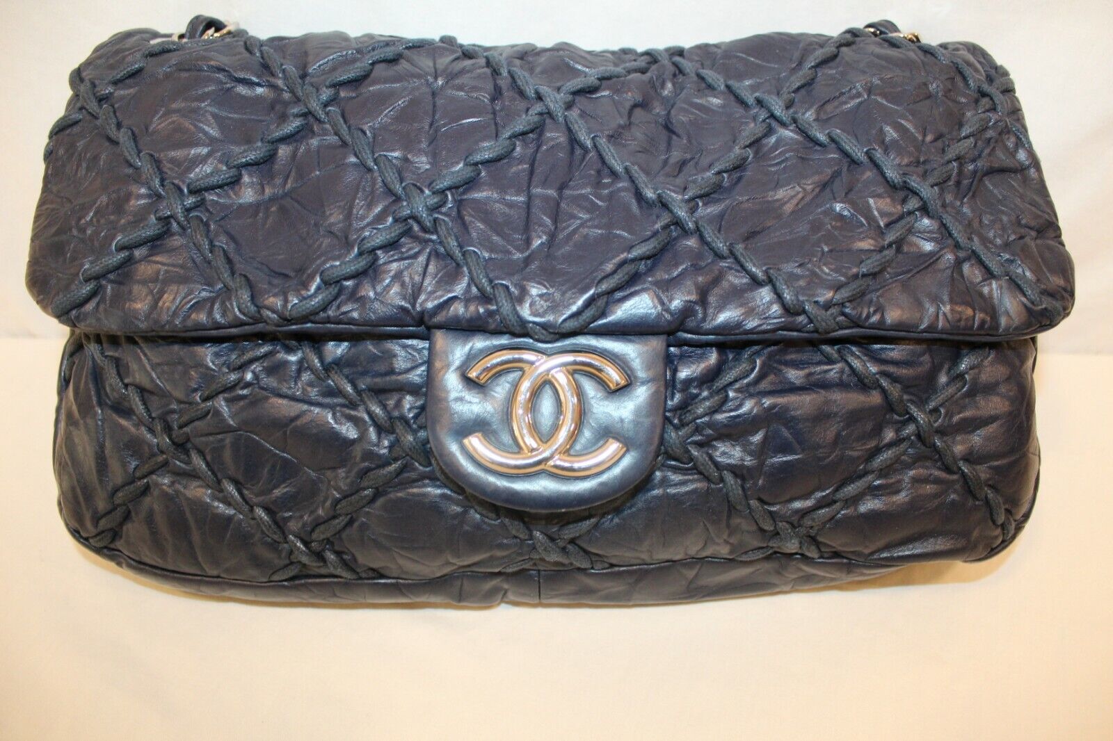 CHANEL Calfskin Ultra Stitch Oversized CC Flap Jumbo Navy Blue Shoulder Bag