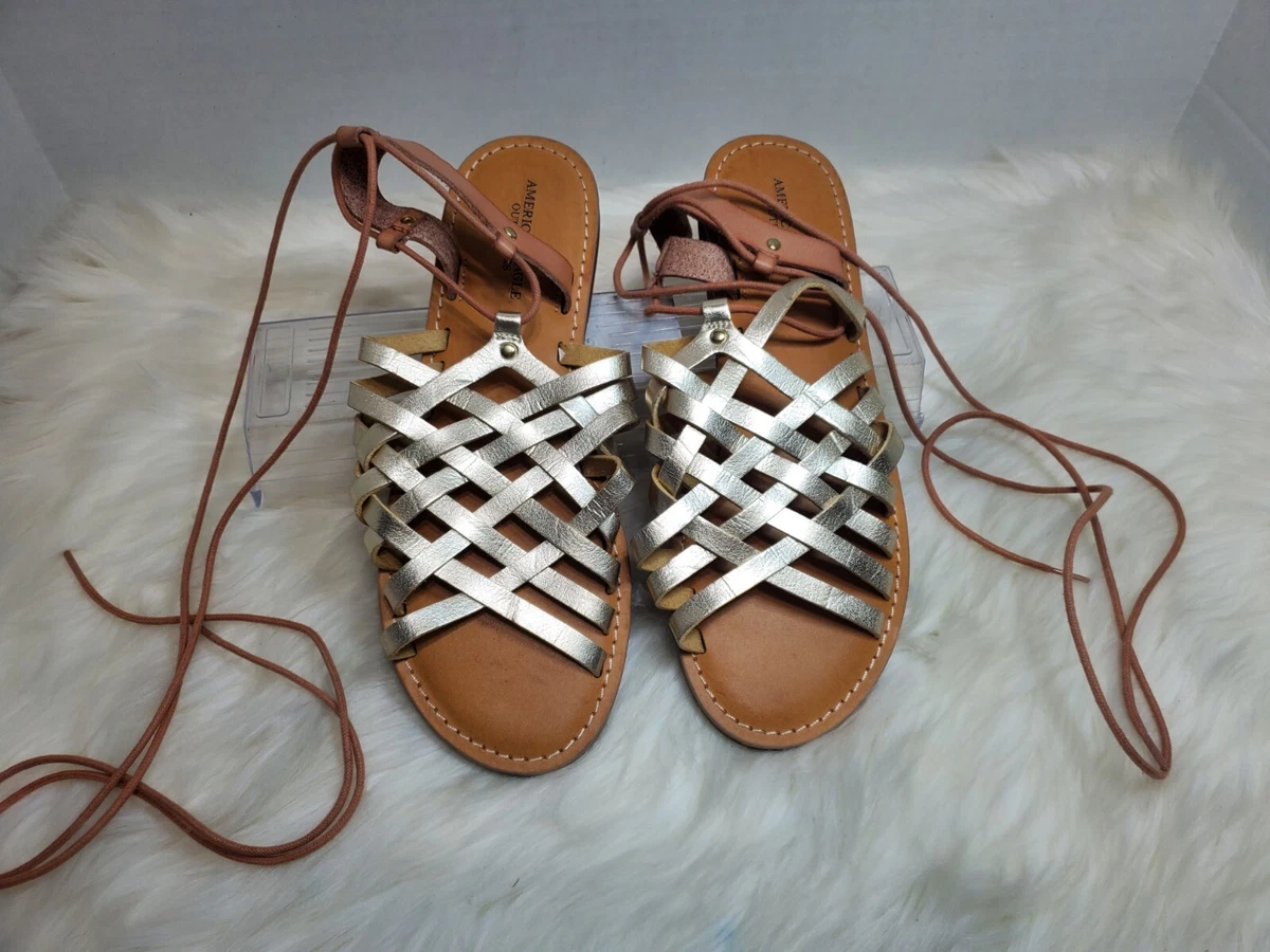 American Eagle Sandals Womens Size 9 Gold Gladiator Lace Up Flats