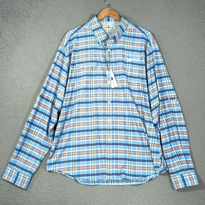 Onward Reserve Performance Fishing Shirt Large Blue Plaid Vented Roll tab Sleeve